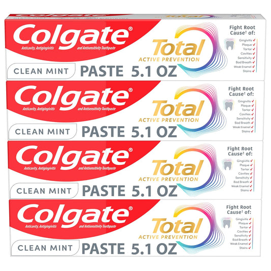 Total Clean Mint Toothpaste, 10 Benefits, No Trade-Offs, Freshens Breath, Whitens Teeth and Provides Sensitivity Relief, Clean Mint Flavor, 4 Pack, 5.1 Oz Tubes
